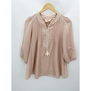 EnC Cream V-Neck Tassel Tie Pintuck Long Sleeve Top Women's Size Medium